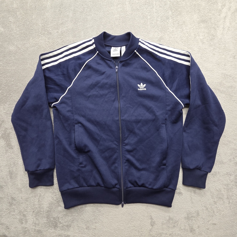 Adidas Jacket Mens L Blue Track Jacket Full Zip Pockets Originals French Terry